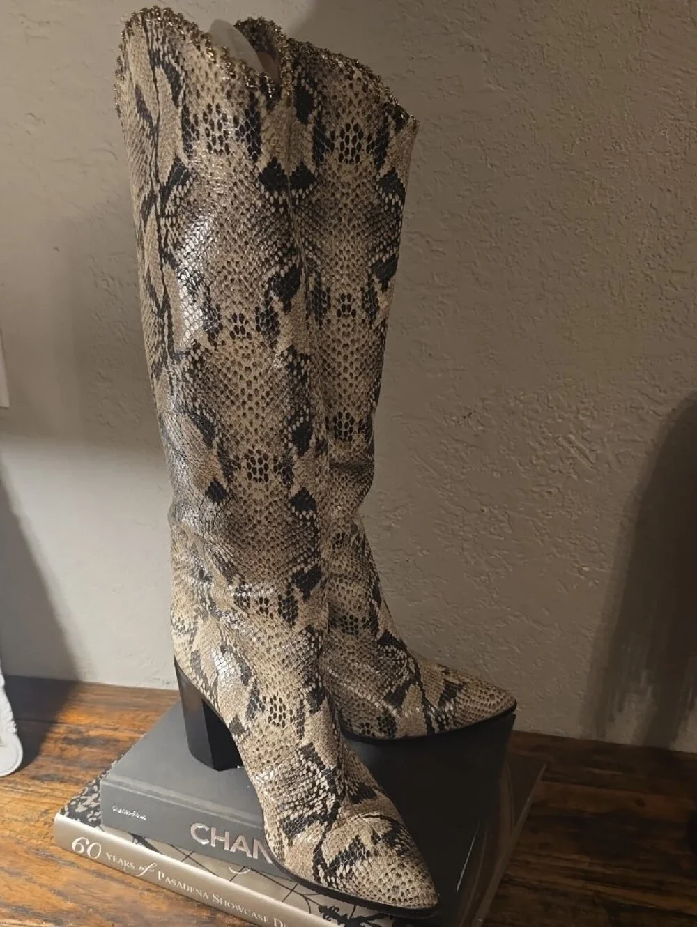 SCHUTZ Snake-Print Over-the-Knee Boots in Beige & Black